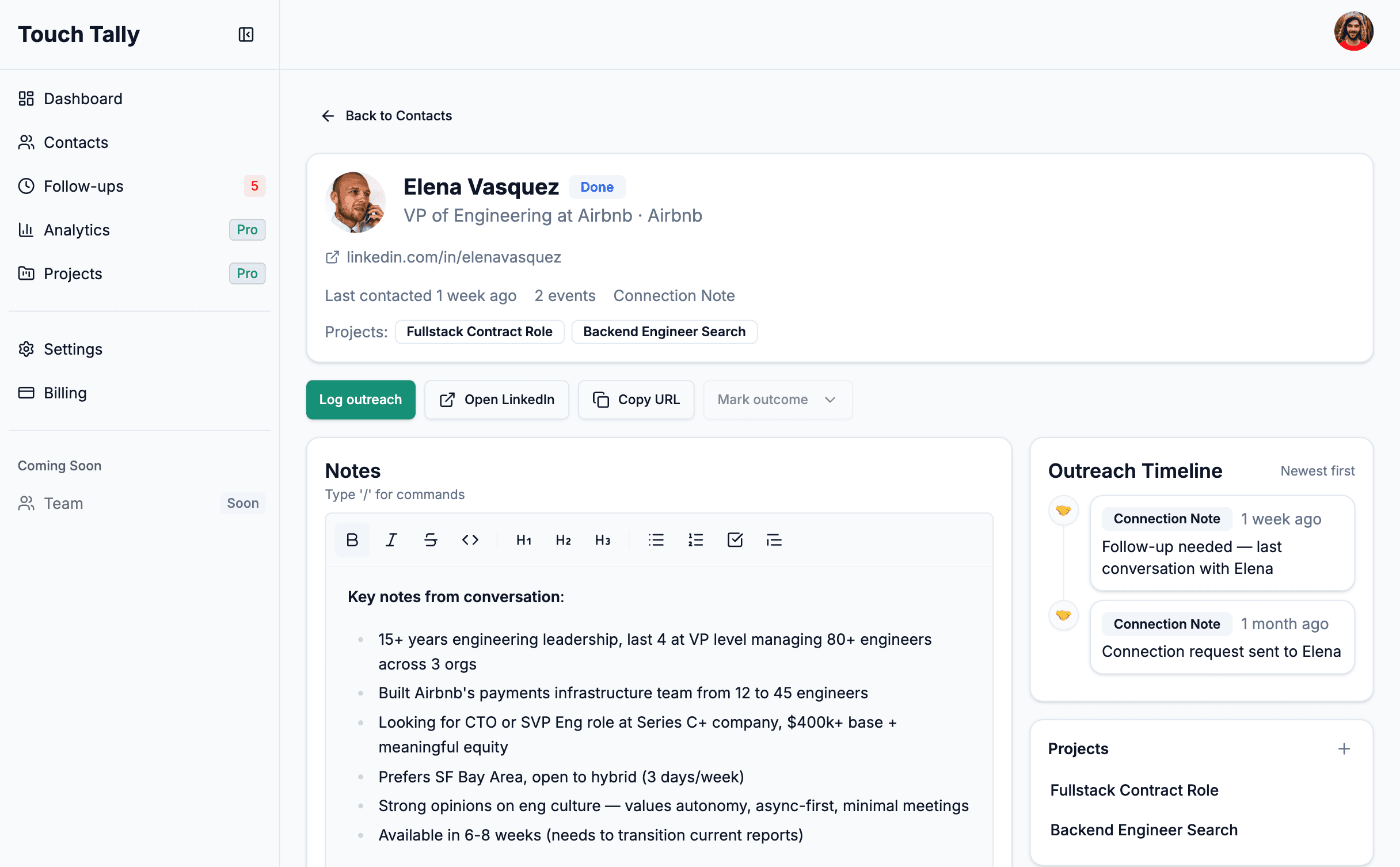 Touch Tally contact detail page showing rich notes and outreach timeline