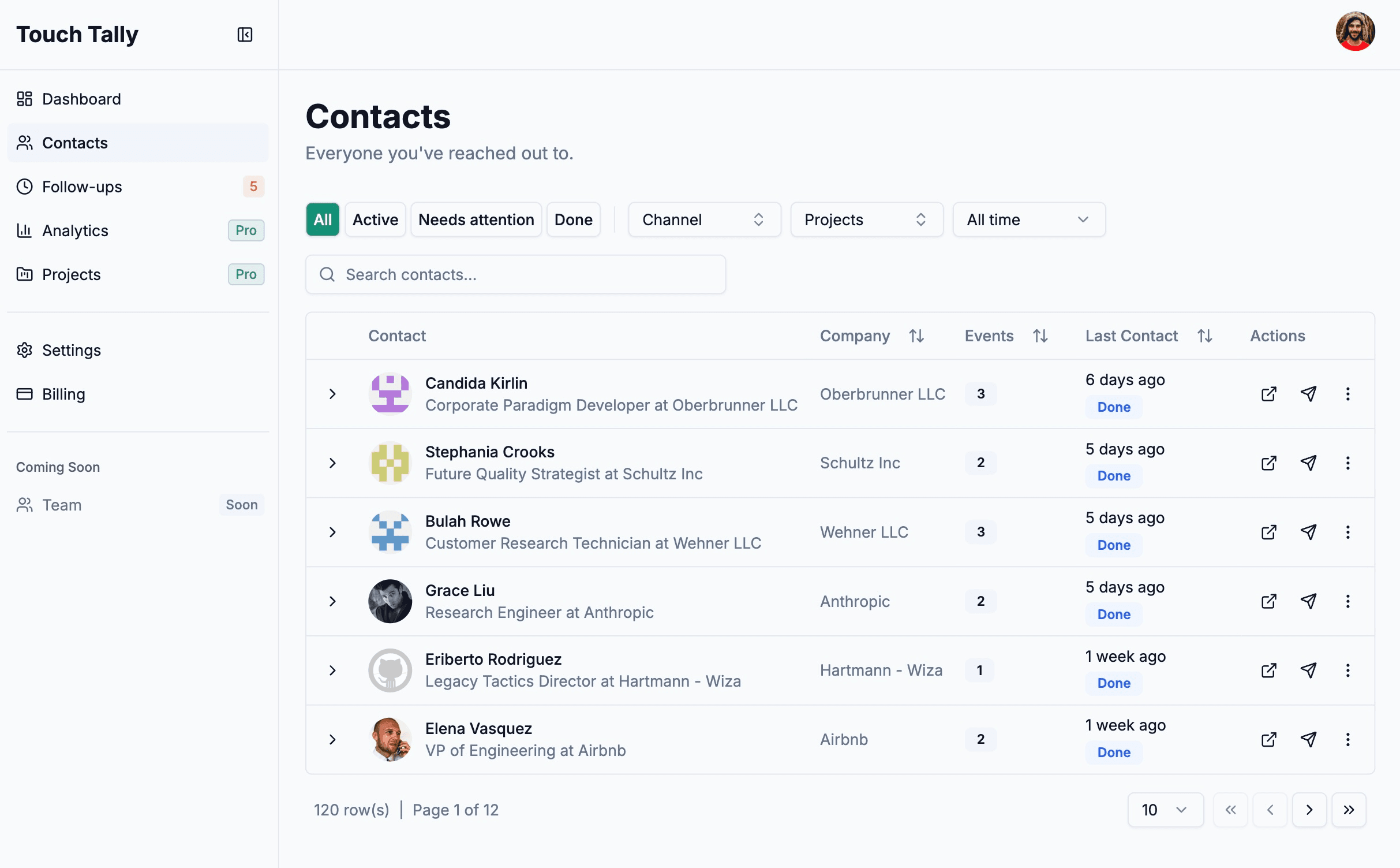 Touch Tally contact detail view with outreach history