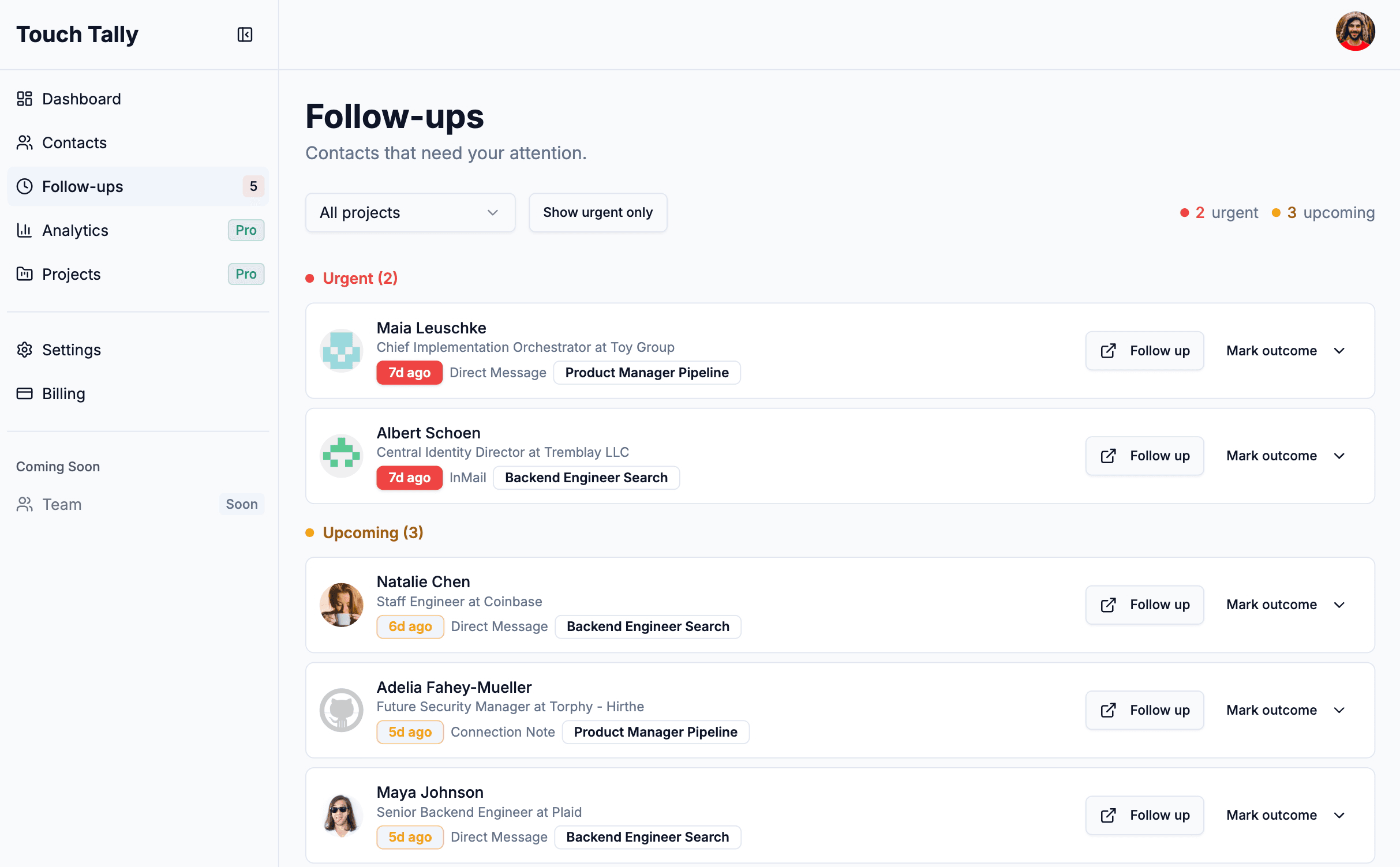 Touch Tally follow-up reminder queue
