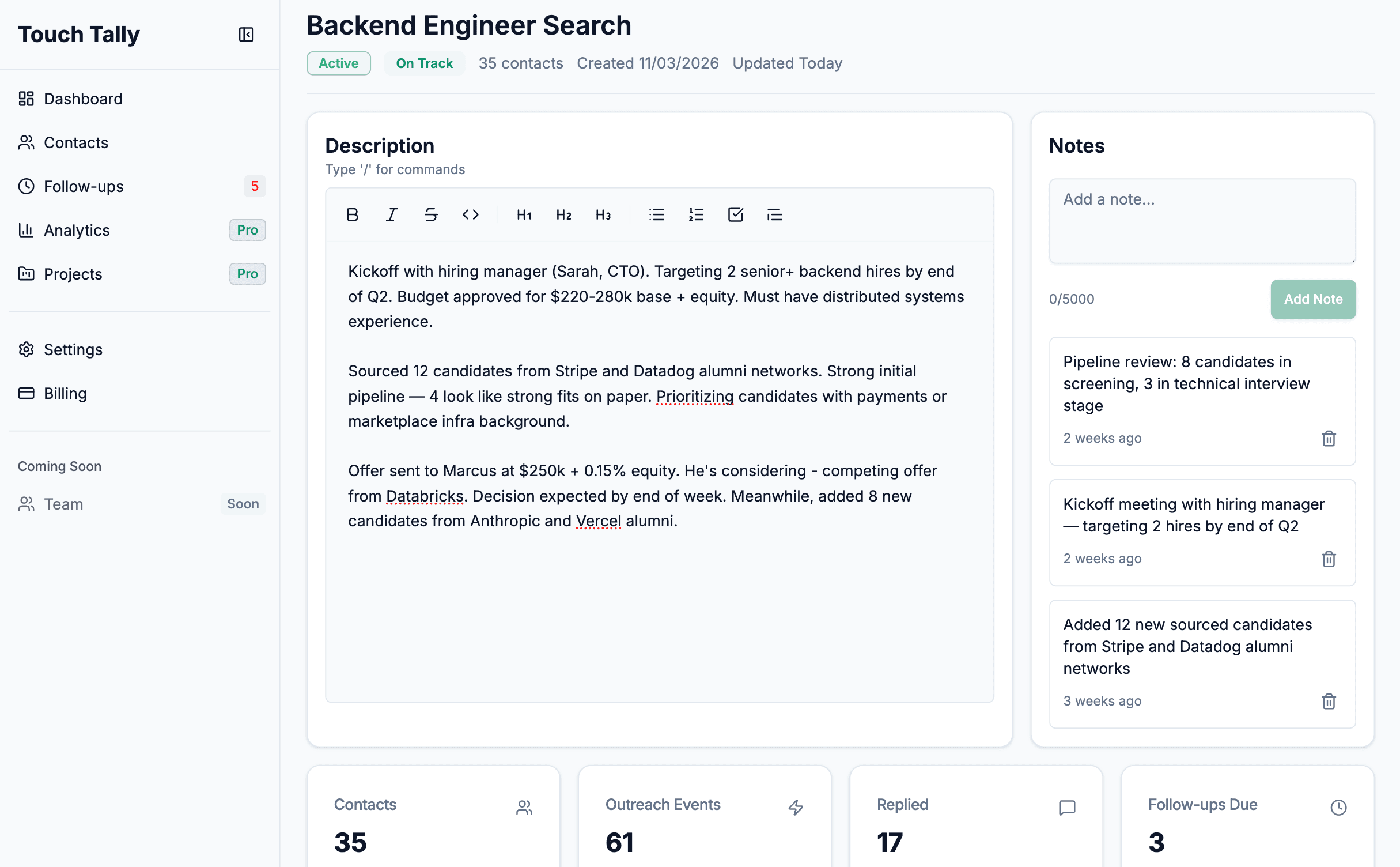 Touch Tally project detail with summary cards, health badge, and contacts table